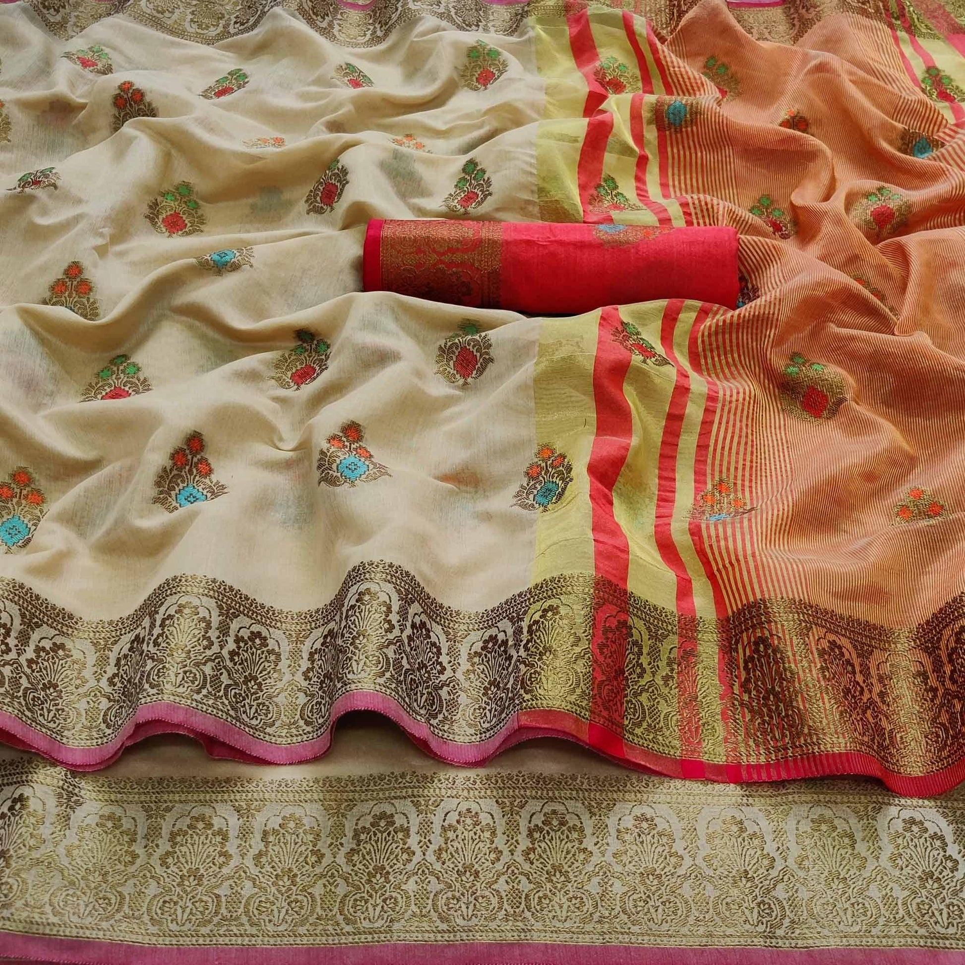 Chikoo Festive Wear Woven Border With Butta Work Cotton Saree
