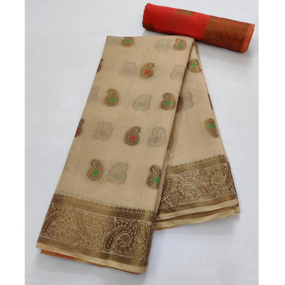 Chikoo Festive Wear Woven Border With Butta Work Cotton Saree