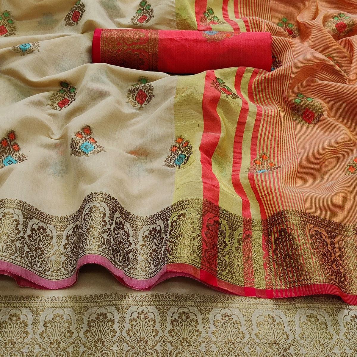 Chikoo Festive Wear Woven Border With Butta Work Cotton Saree