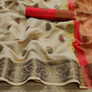 Chikoo Festive Wear Woven Border With Butta Work Cotton Saree