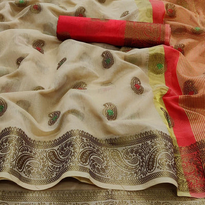 Chikoo Festive Wear Woven Border With Butta Work Cotton Saree