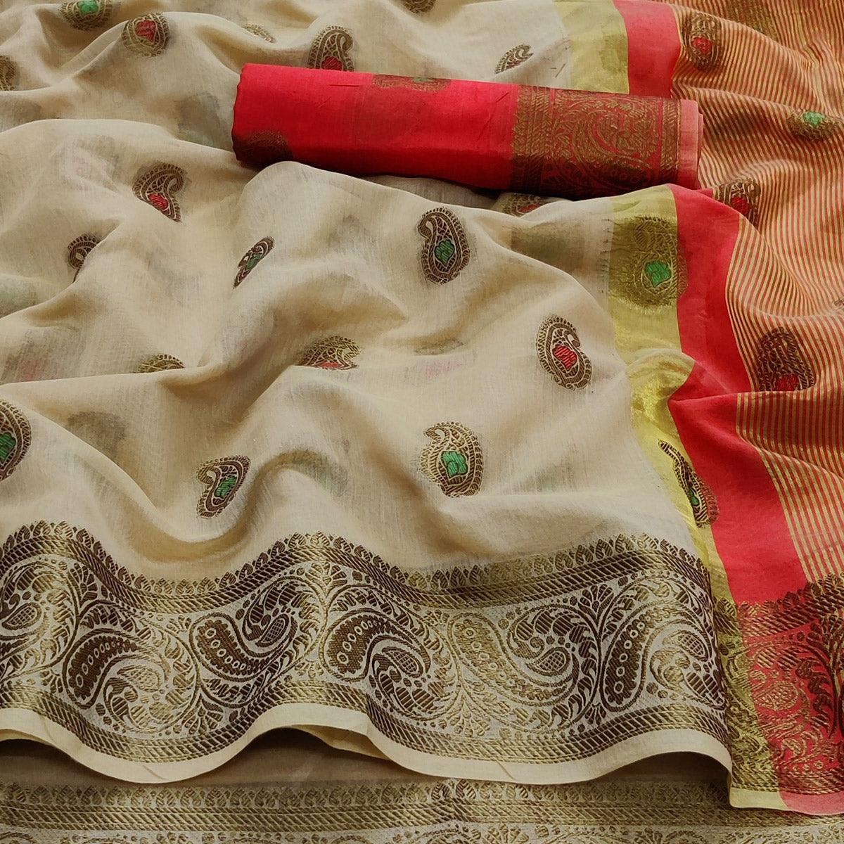 Chikoo Festive Wear Woven Border With Butta Work Cotton Saree
