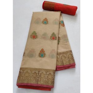 Chikoo Festive Wear Woven Border With Butta Work Cotton Saree