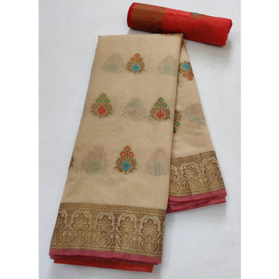 Chikoo Festive Wear Woven Border With Butta Work Cotton Saree