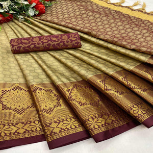 Chikoo Festive Wear Woven Cotton Silk Saree