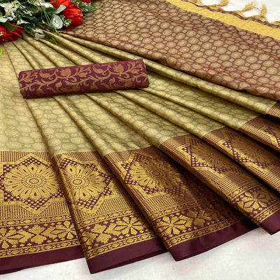 Chikoo Festive Wear Woven Cotton Silk Saree