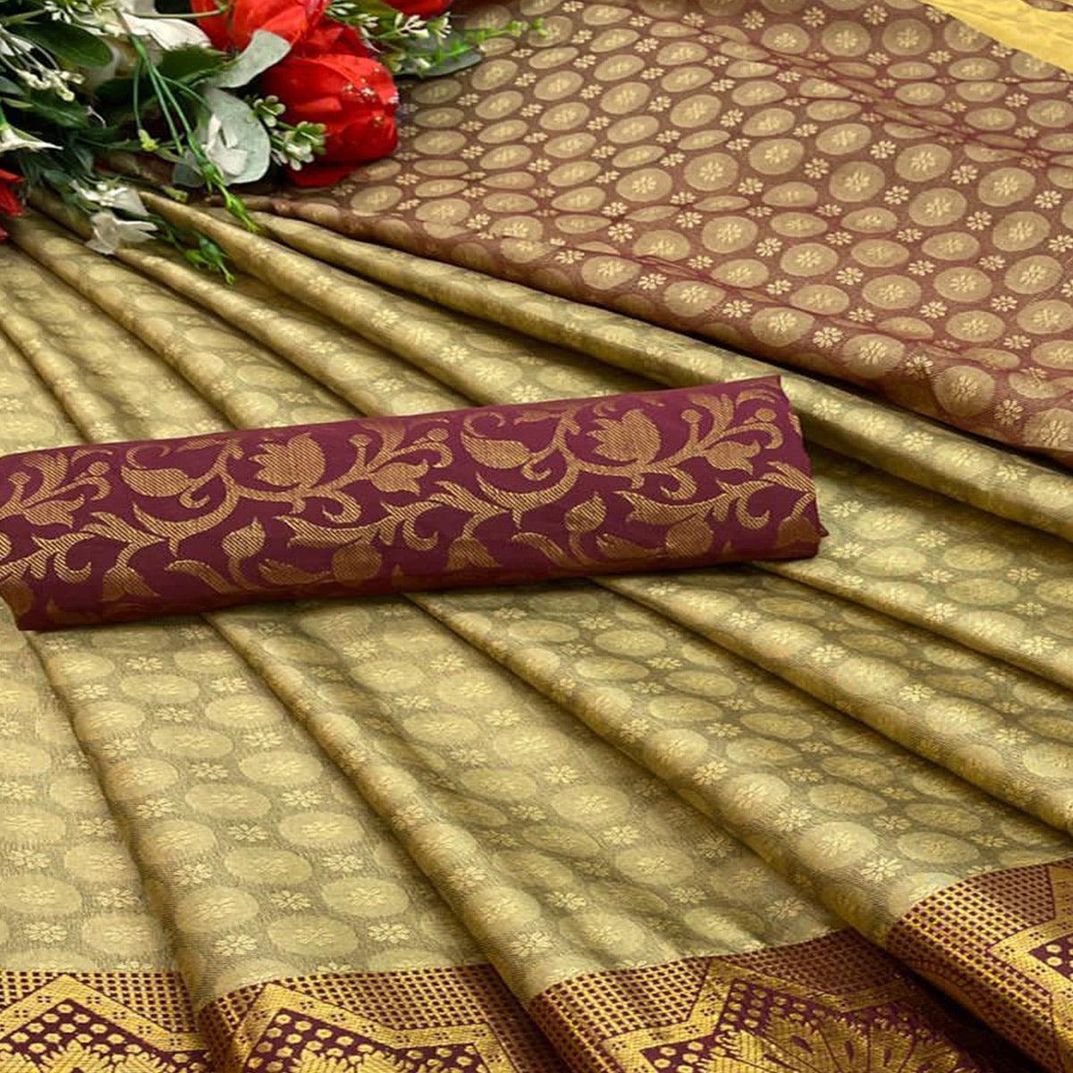 Chikoo Festive Wear Woven Cotton Silk Saree