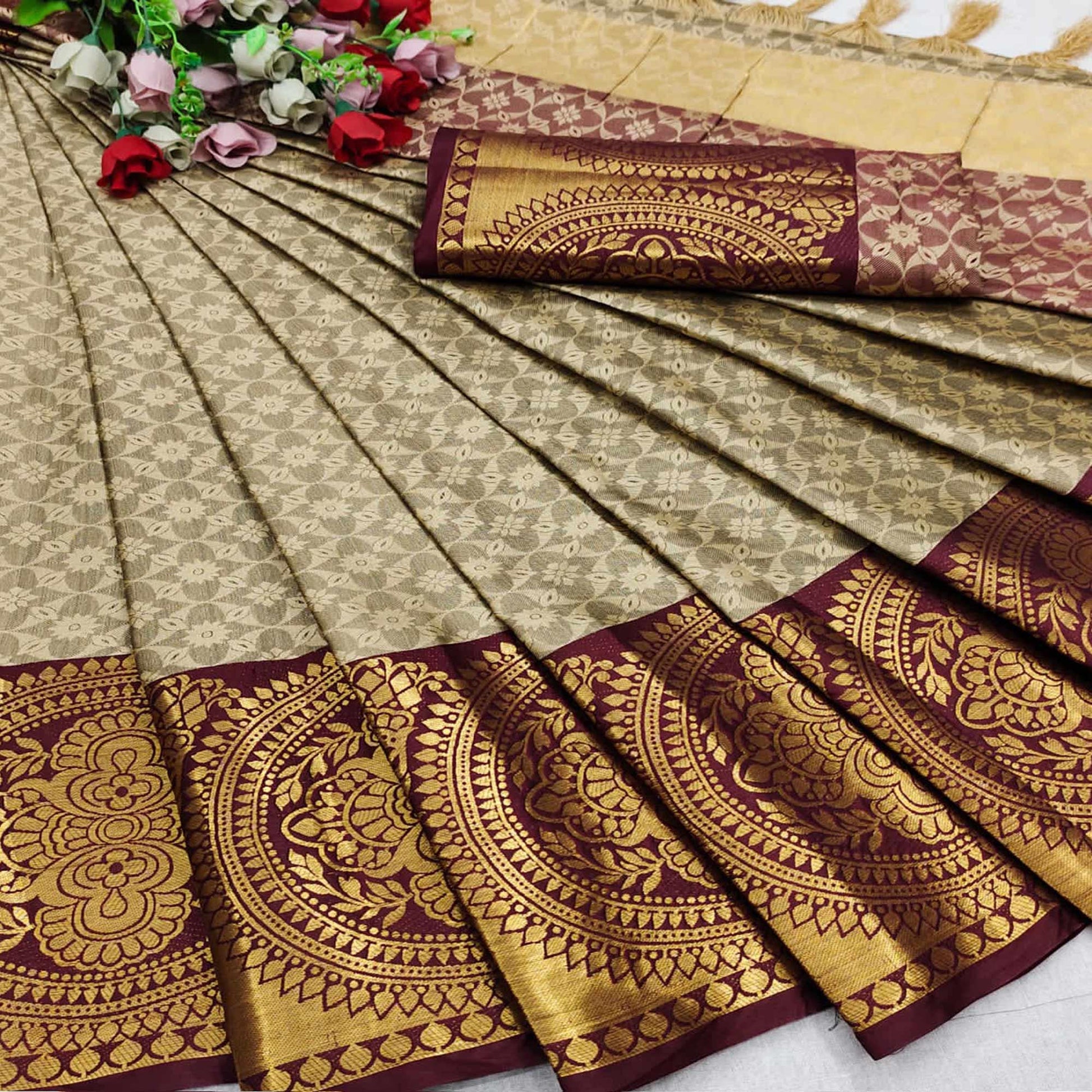 Chikoo Festive Wear Woven Desginer Cotton Silk Saree