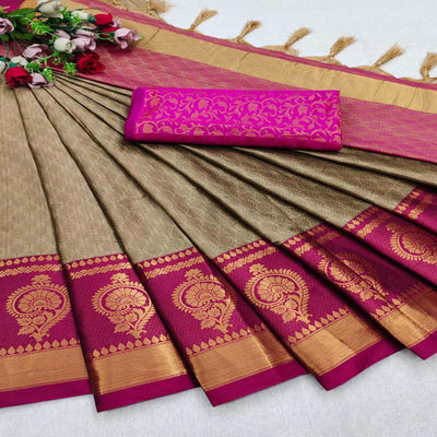 Chikoo Festive Wear Woven Heavy Rich Cotton Silk Saree
