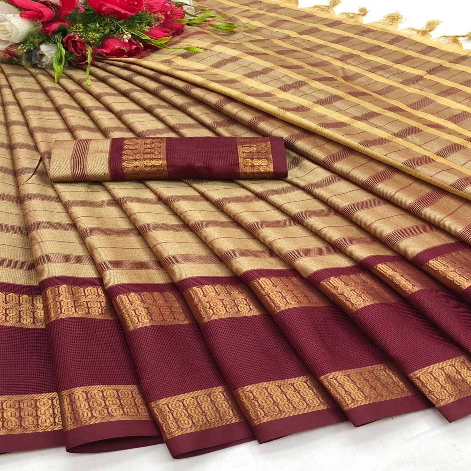 Chikoo Festive Wear Woven Heavy Rich Cotton Silk Saree