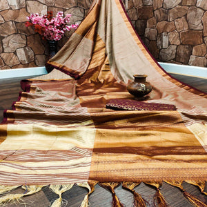 Chikoo Festive Wear Woven Heavy Rich Cotton Silk Saree