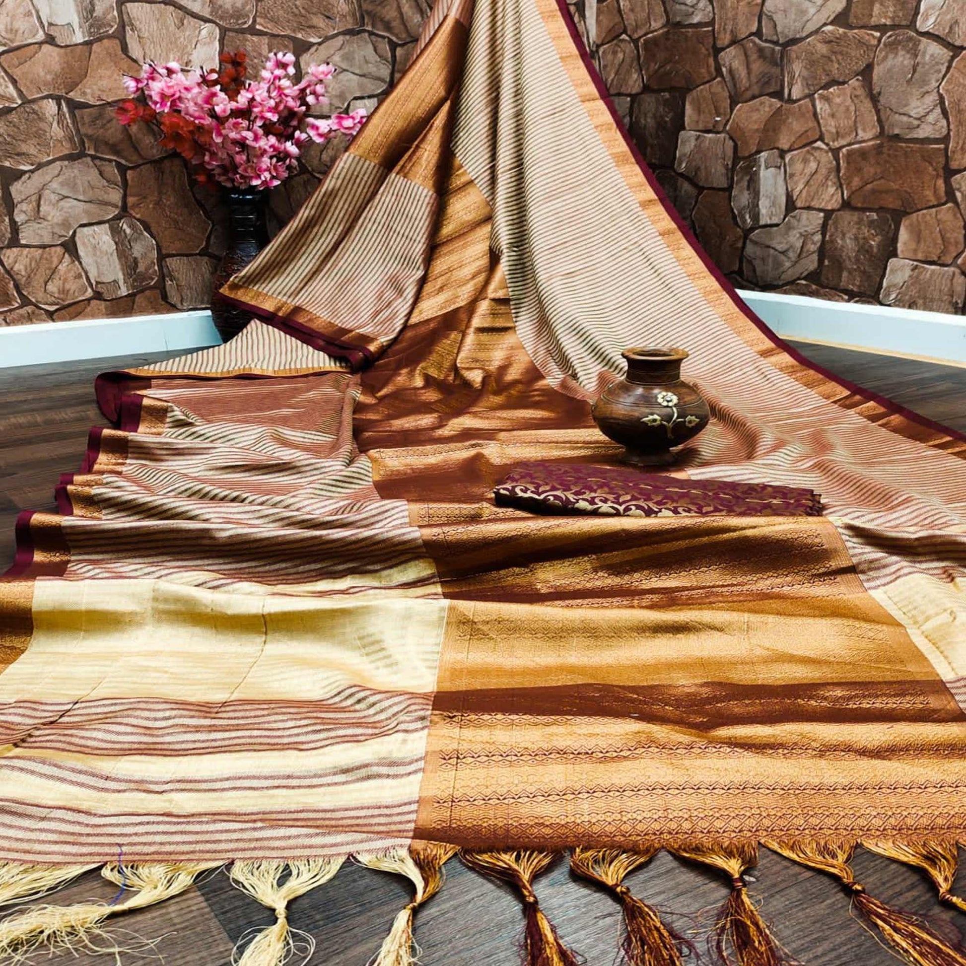 Chikoo Festive Wear Woven Heavy Rich Cotton Silk Saree