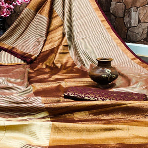 Chikoo Festive Wear Woven Heavy Rich Cotton Silk Saree