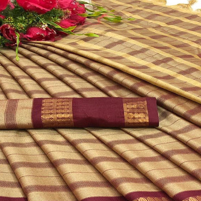 Chikoo Festive Wear Woven Heavy Rich Cotton Silk Saree