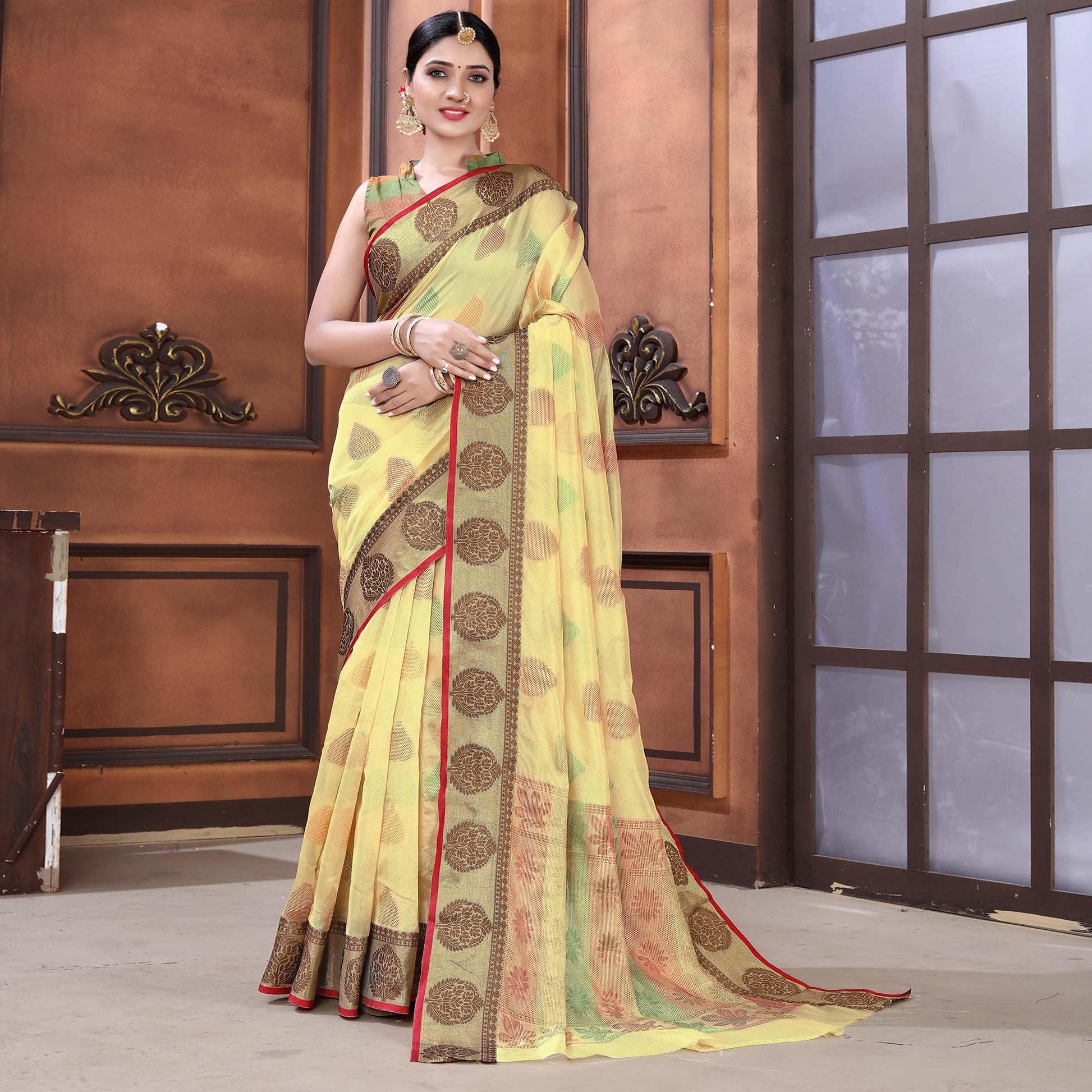Chikoo Festive Wear Woven Organza Saree