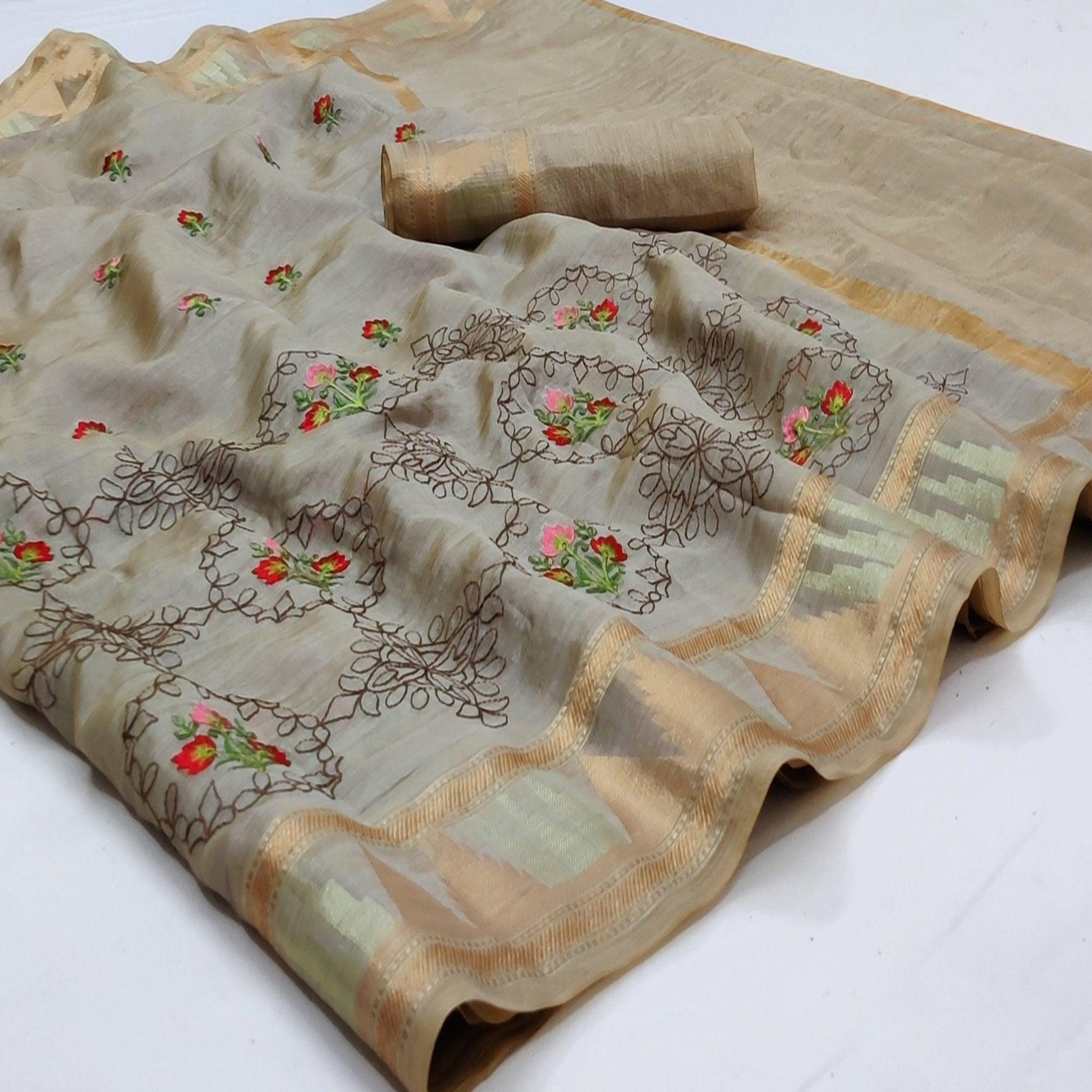 Chikoo Festive Wear Woven Organza Saree With Floral Embroidery Butta Work