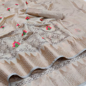 Chikoo Festive Wear Woven Organza Saree With Floral Embroidery Butta Work