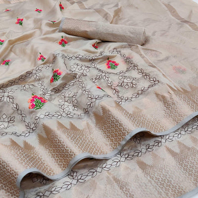 Chikoo Festive Wear Woven Organza Saree With Floral Embroidery Butta Work