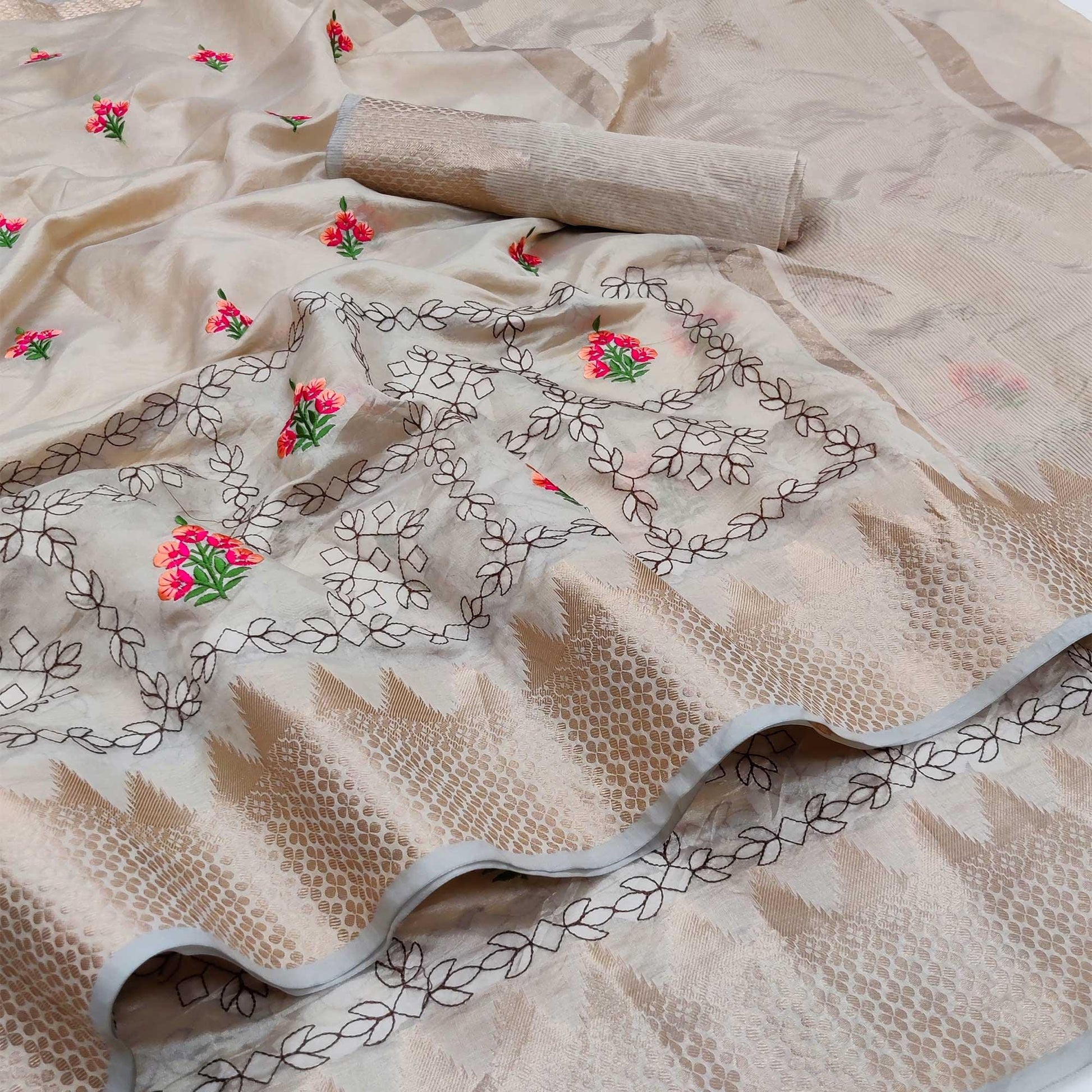 Chikoo Festive Wear Woven Organza Saree With Floral Embroidery Butta Work