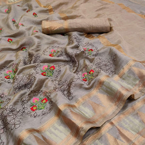 Chikoo Festive Wear Woven Organza Saree With Floral Embroidery Butta Work