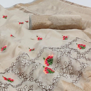 Chikoo Festive Wear Woven Organza Saree With Floral Embroidery Butta Work