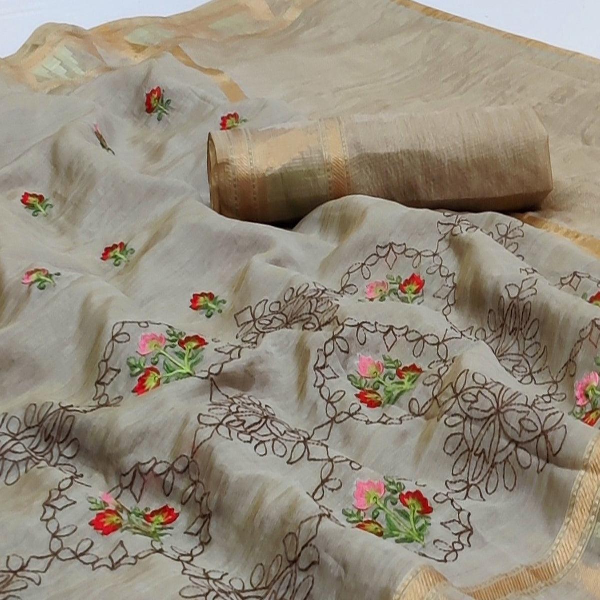 Chikoo Festive Wear Woven Organza Saree With Floral Embroidery Butta Work