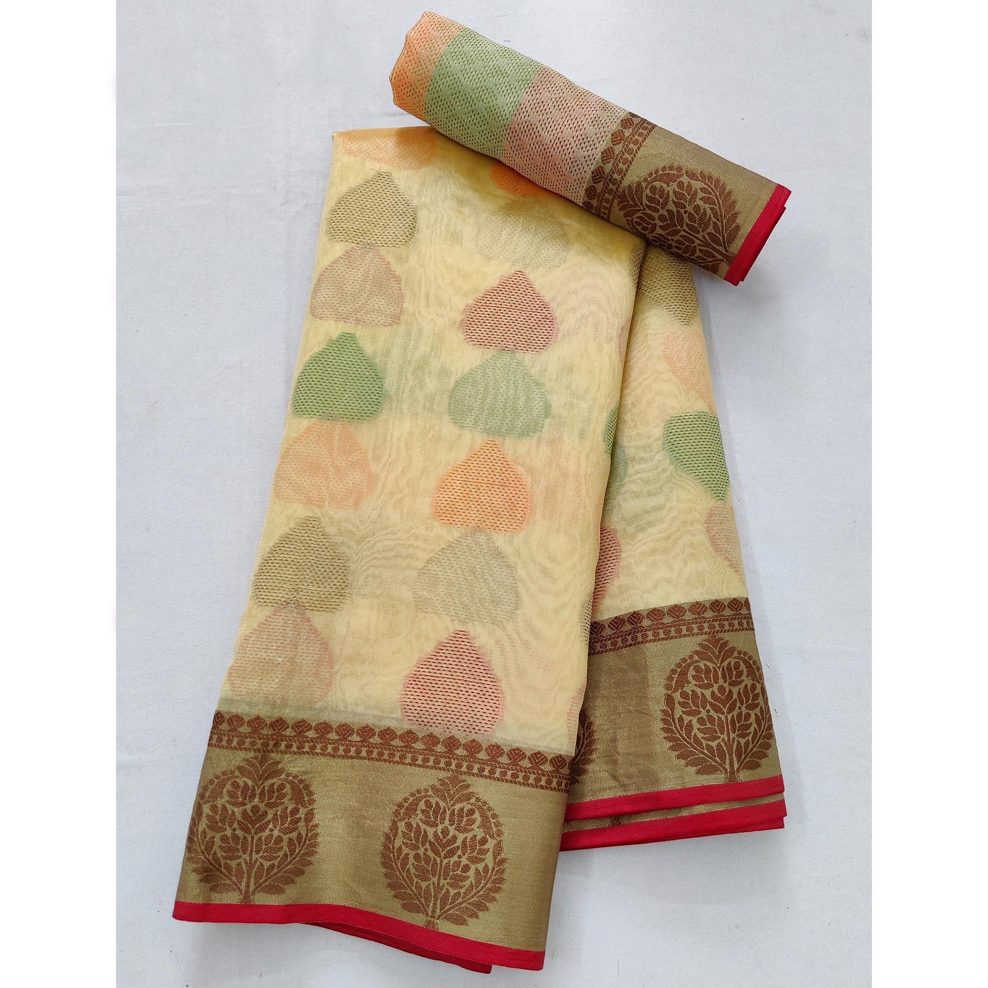Chikoo Festive Wear Woven Rich Pallu Organza Saree