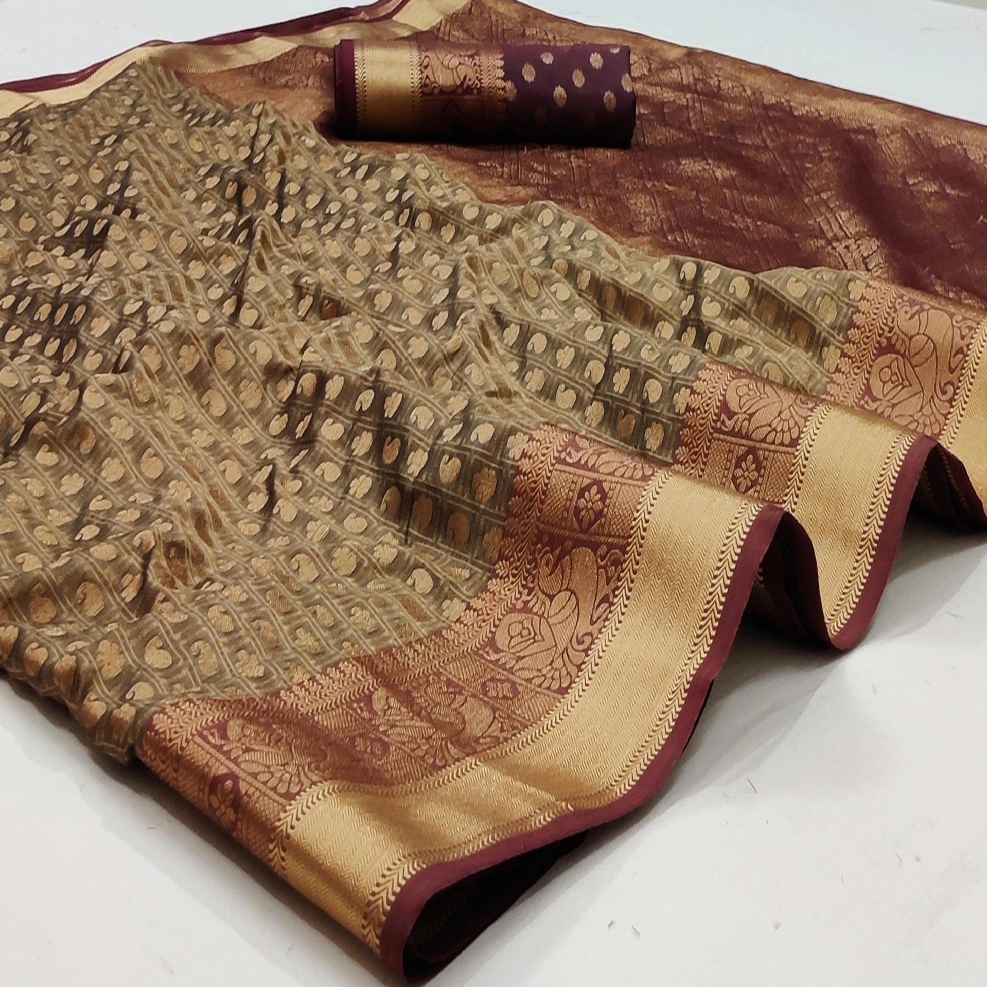 Chikoo Festive Wear Woven Silk Saree With Jacquard Border