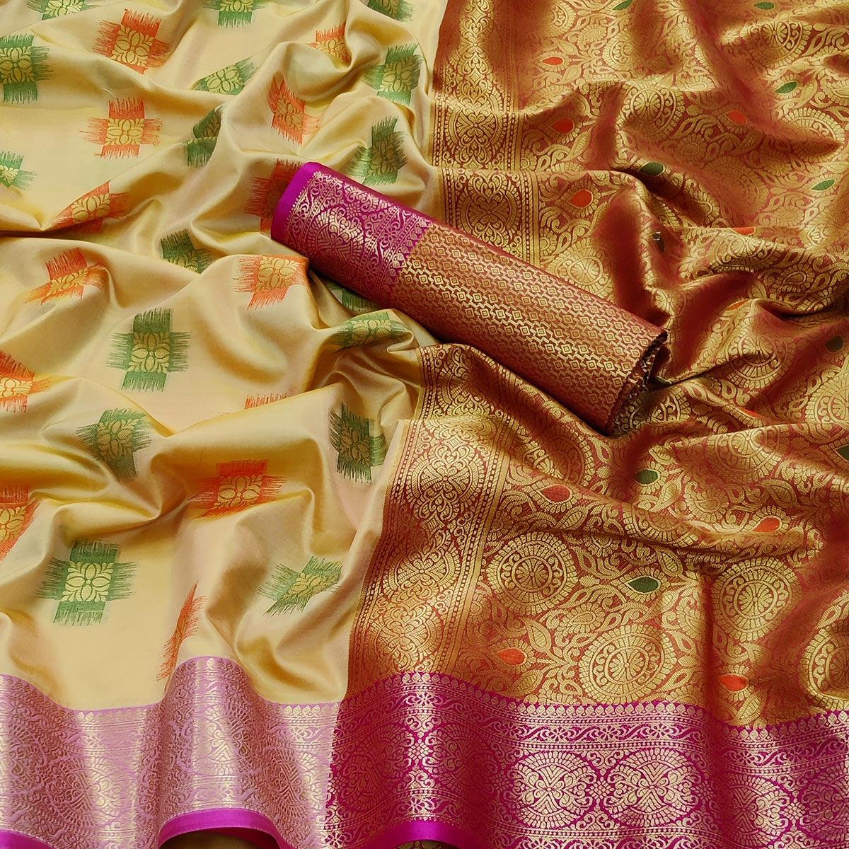 Chikoo Festive Wear Woven Soft Banarasi Silk Saree