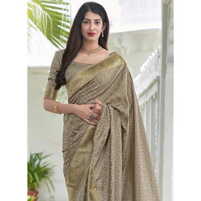 Chikoo Festive Wear Woven Soft Satin Silk Saree