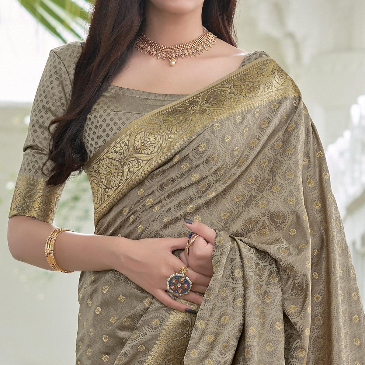 Chikoo Festive Wear Woven Soft Satin Silk Saree
