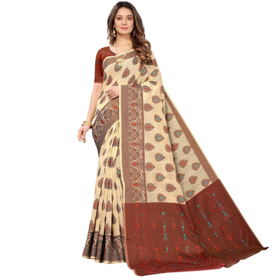 Chikoo Festive Wear Woven With Meena Butta Rich Pallu Cotton Saree