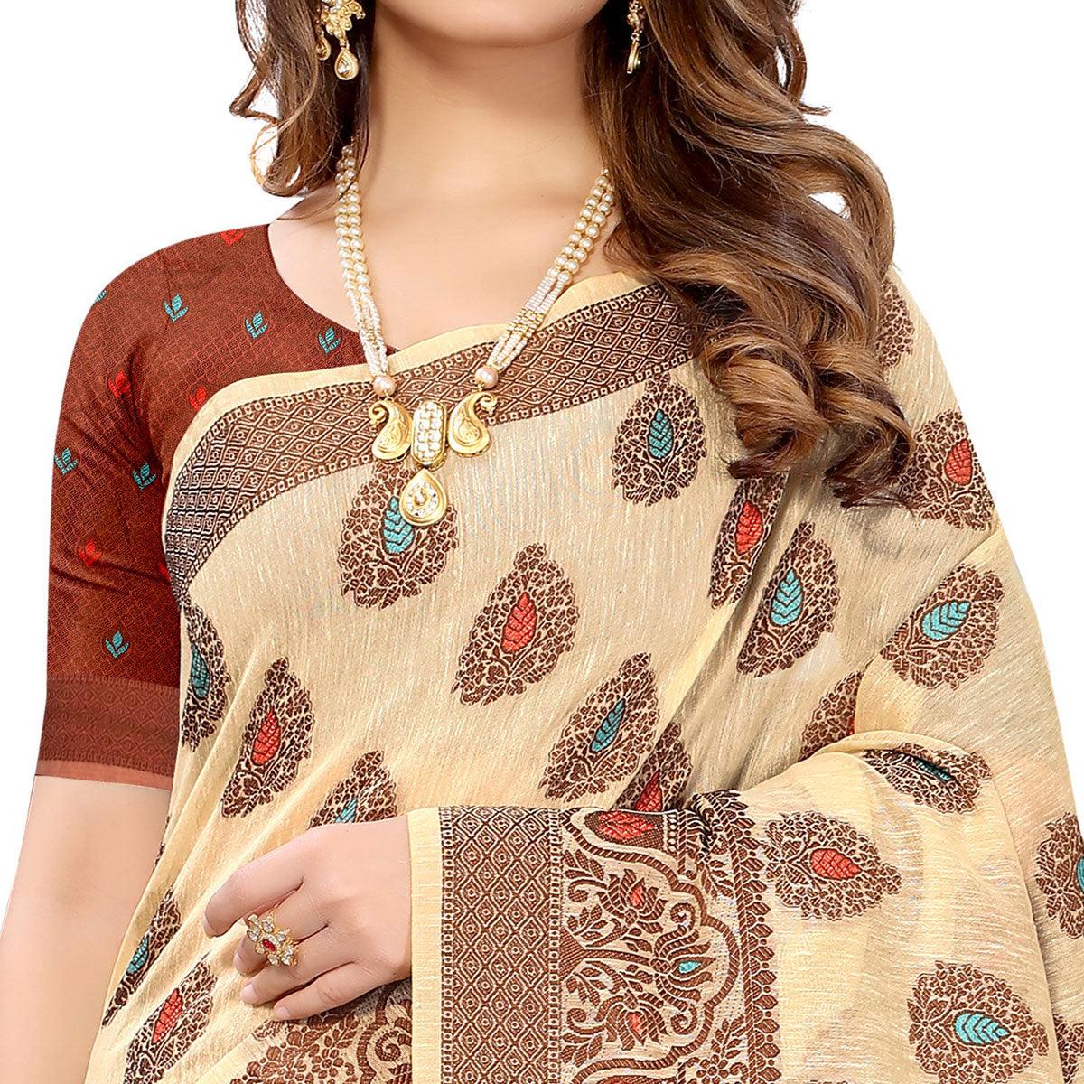 Chikoo Festive Wear Woven With Meena Butta Rich Pallu Cotton Saree