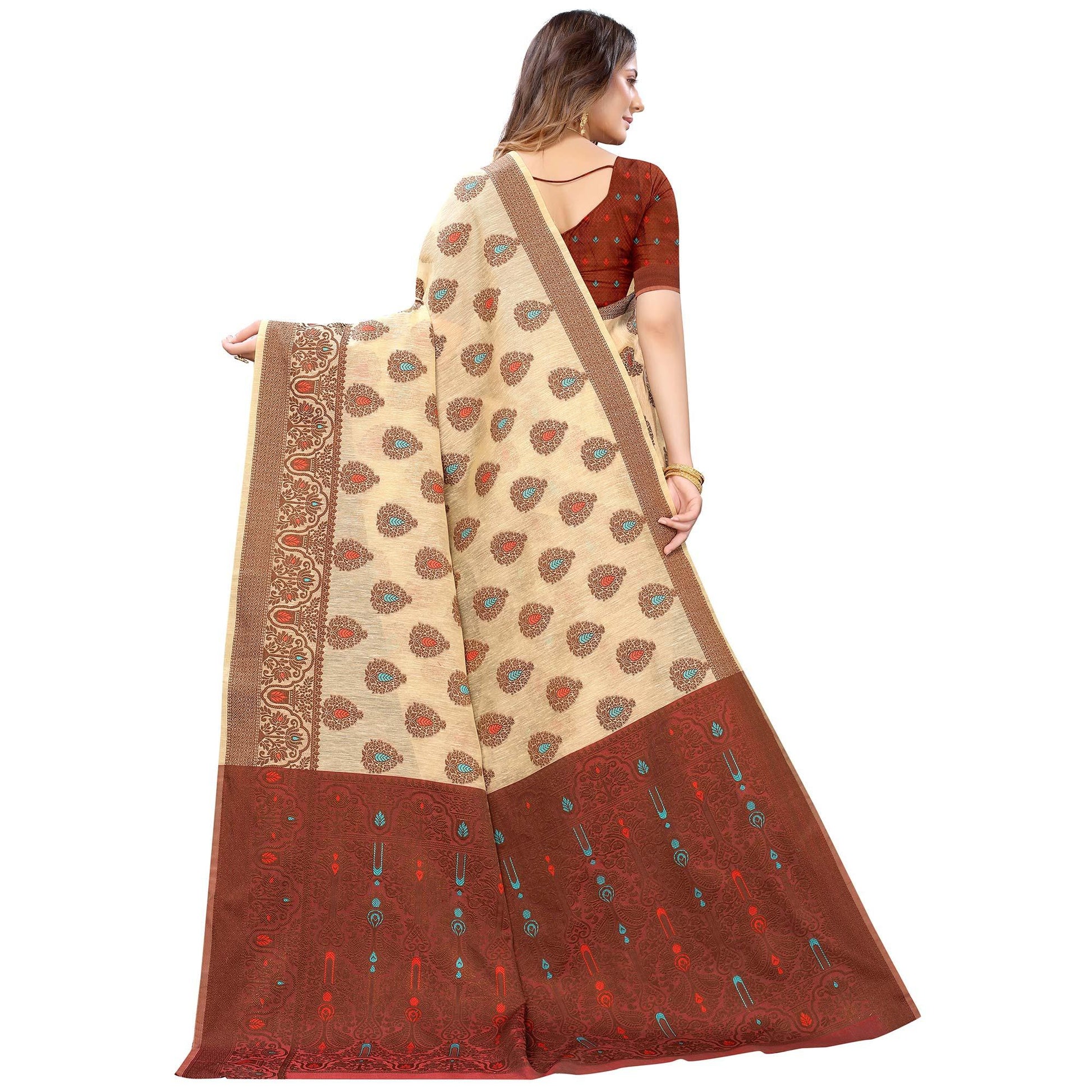 Chikoo Festive Wear Woven With Meena Butta Rich Pallu Cotton Saree