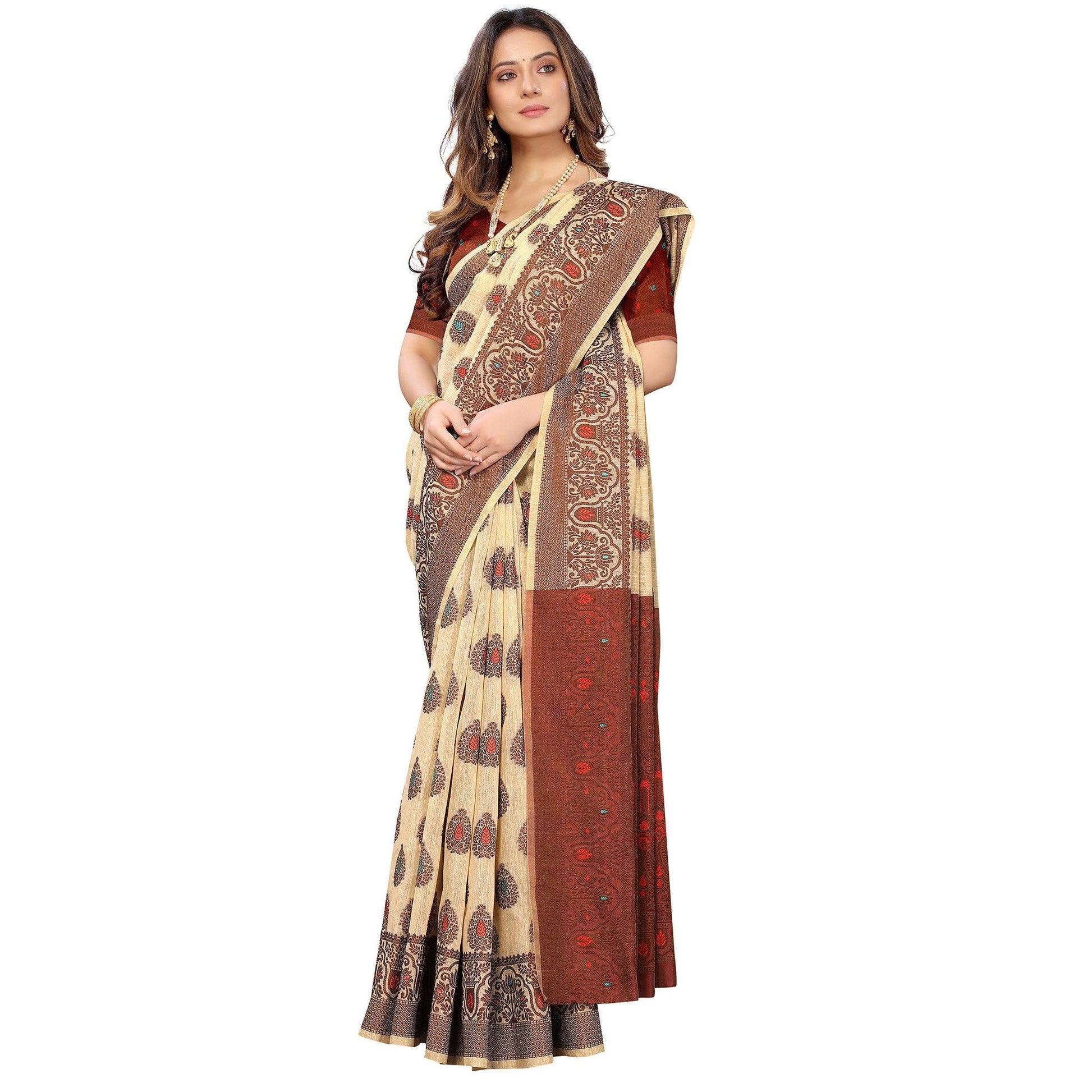 Chikoo Festive Wear Woven With Meena Butta Rich Pallu Cotton Saree