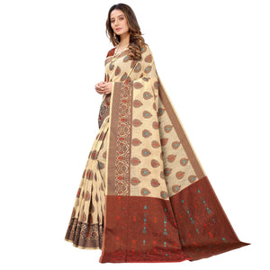 Chikoo Festive Wear Woven With Meena Butta Rich Pallu Cotton Saree