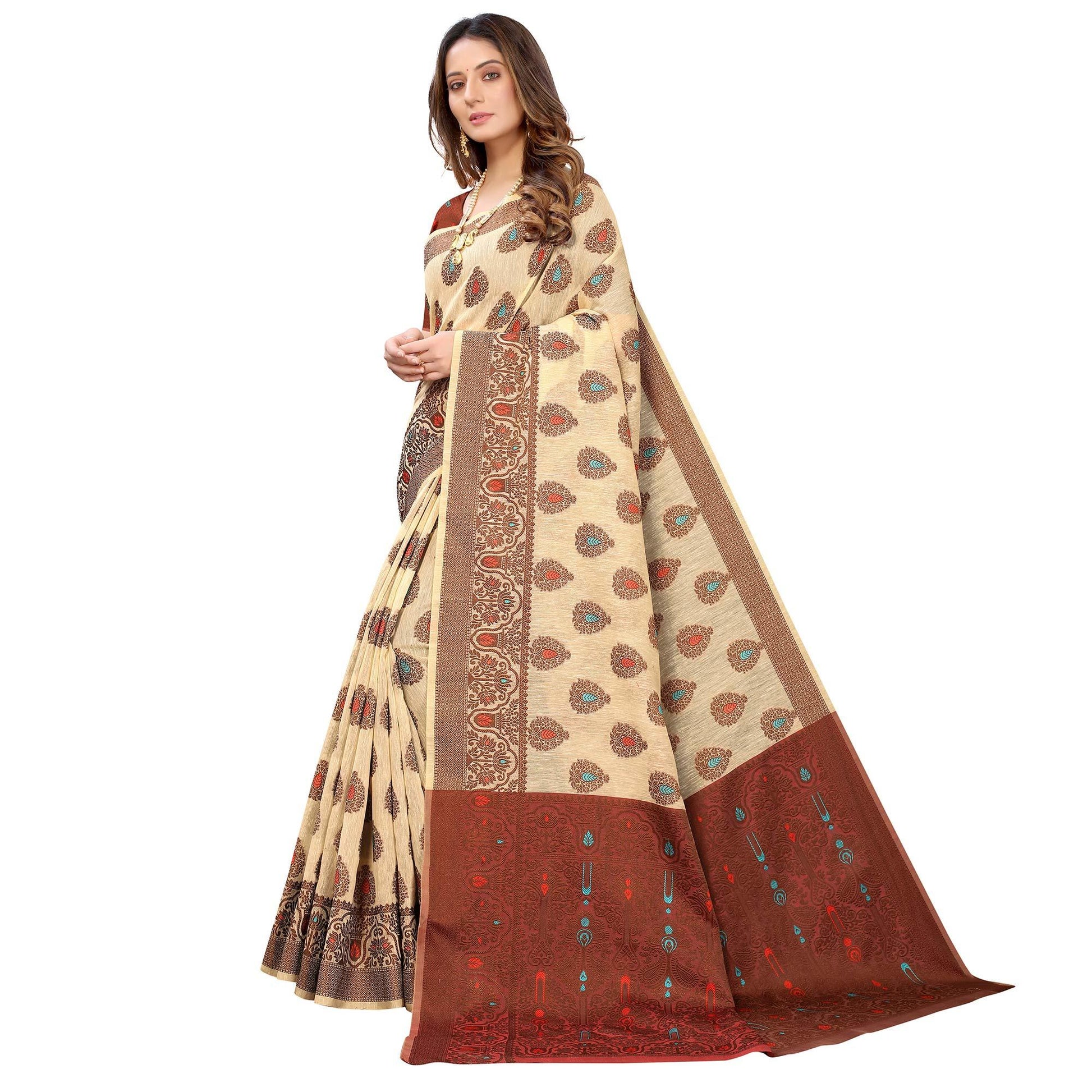 Chikoo Festive Wear Woven With Meena Butta Rich Pallu Cotton Saree