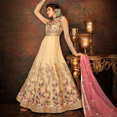 Chikoo Floral Embroidered Net Partywear Gown