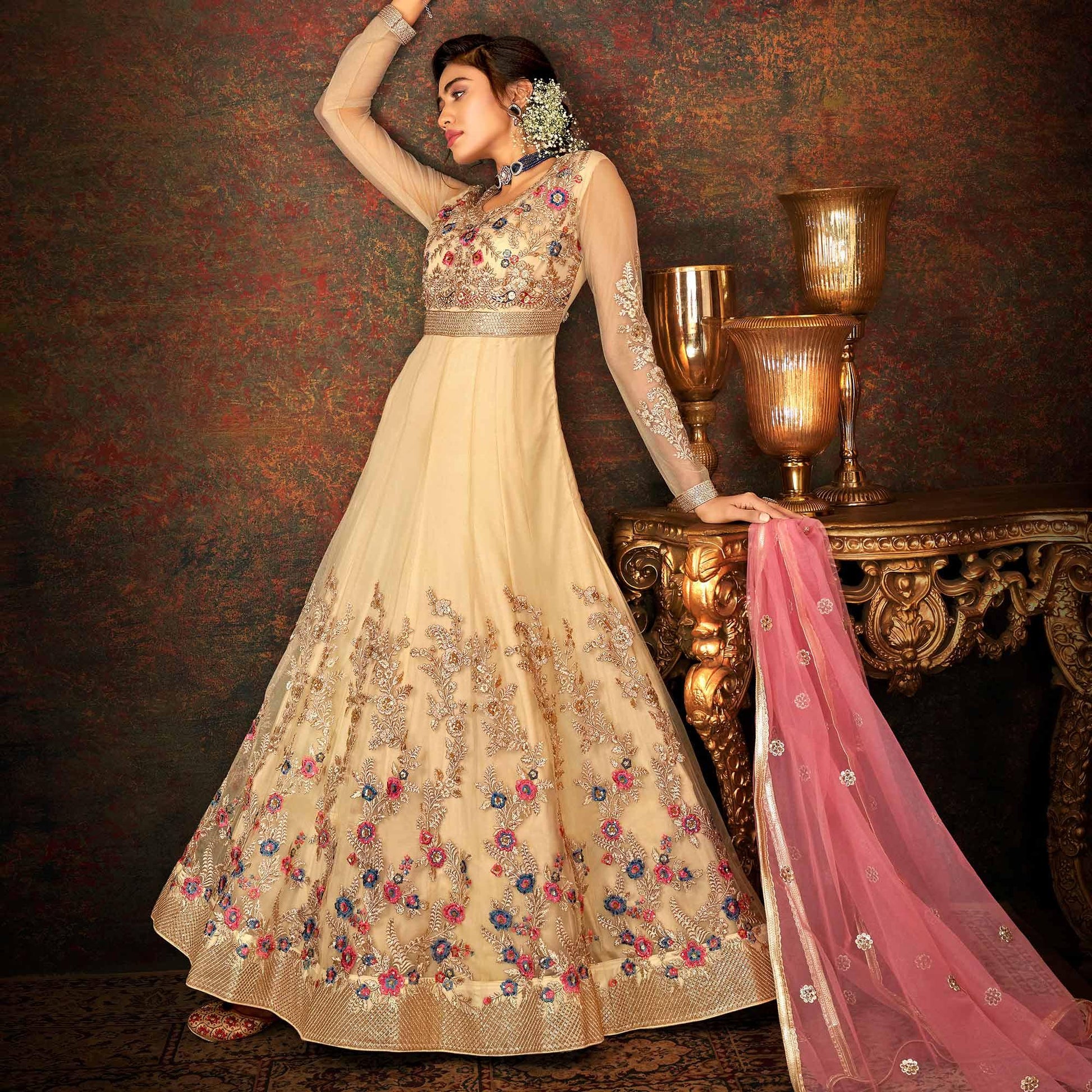 Chikoo Floral Embroidered Net Partywear Gown