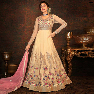 Chikoo Floral Embroidered Net Partywear Gown