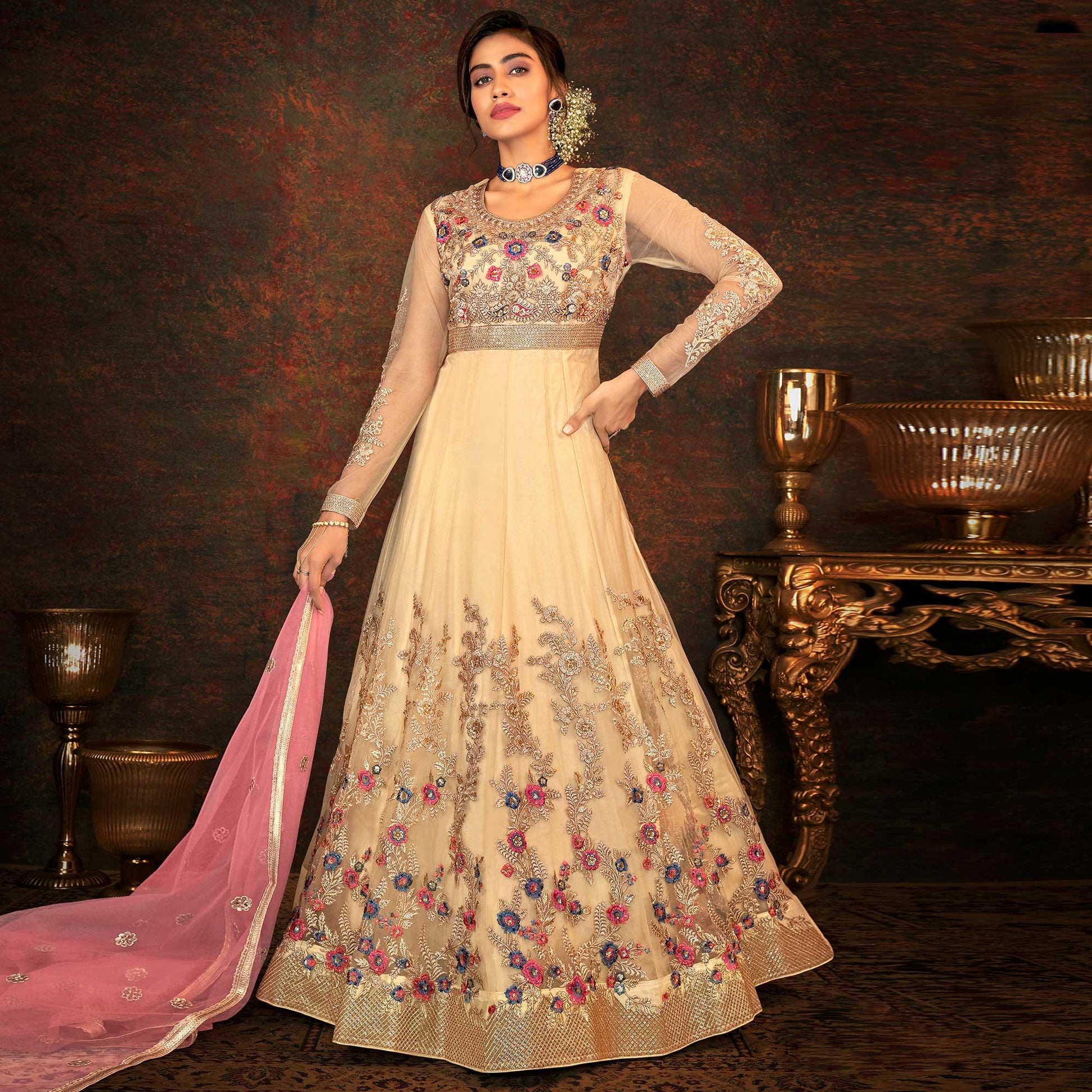 Chikoo Floral Embroidered Net Partywear Gown