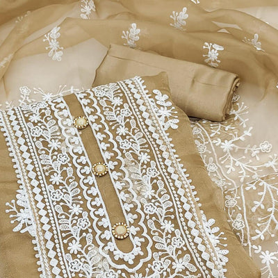 Chikoo Floral Embroidered Organza Dress Material