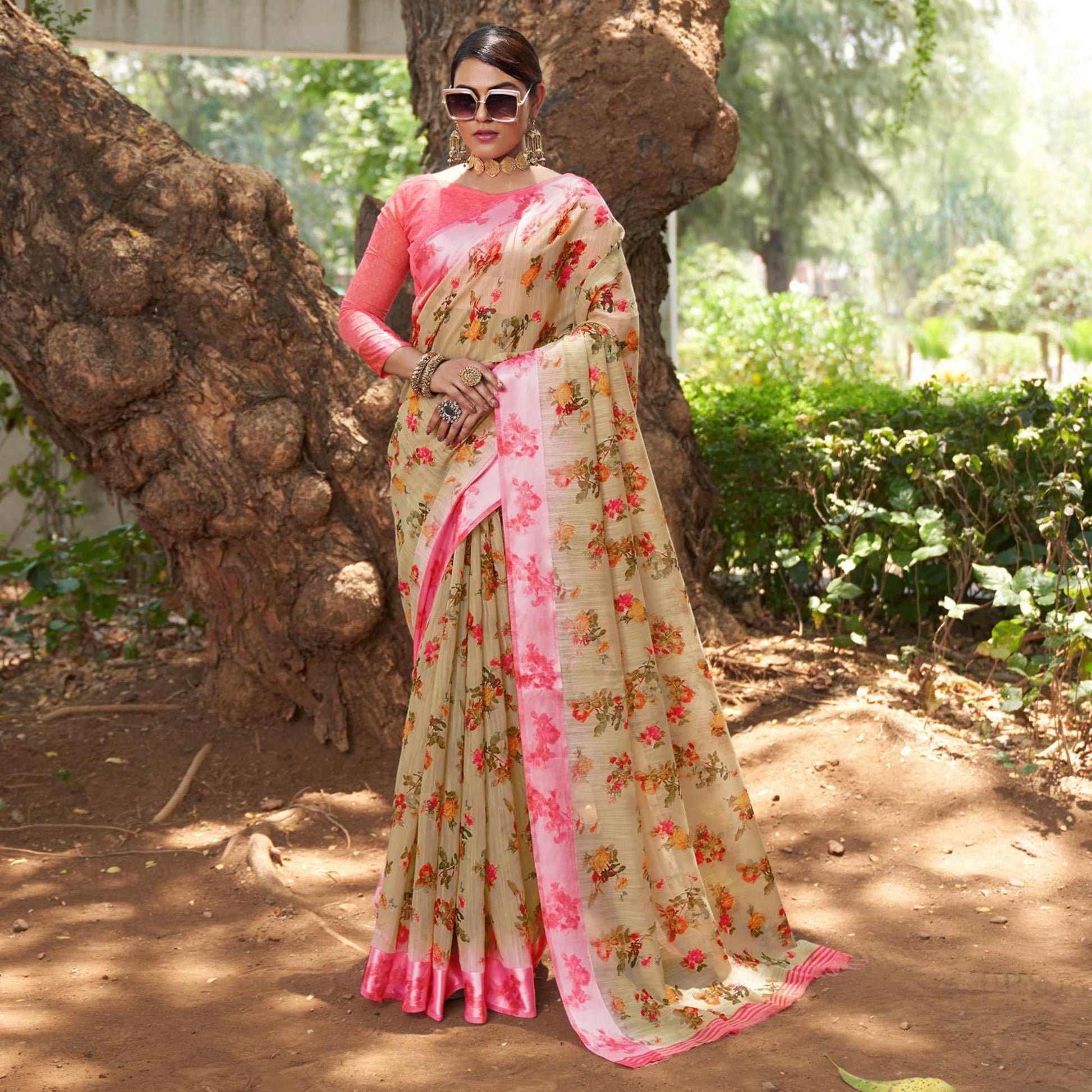 Chikoo Floral Printed Linen Saree