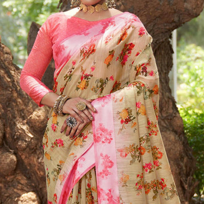 Chikoo Floral Printed Linen Saree