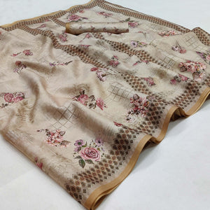 Chikoo Floral Printed Pure Cotton Saree