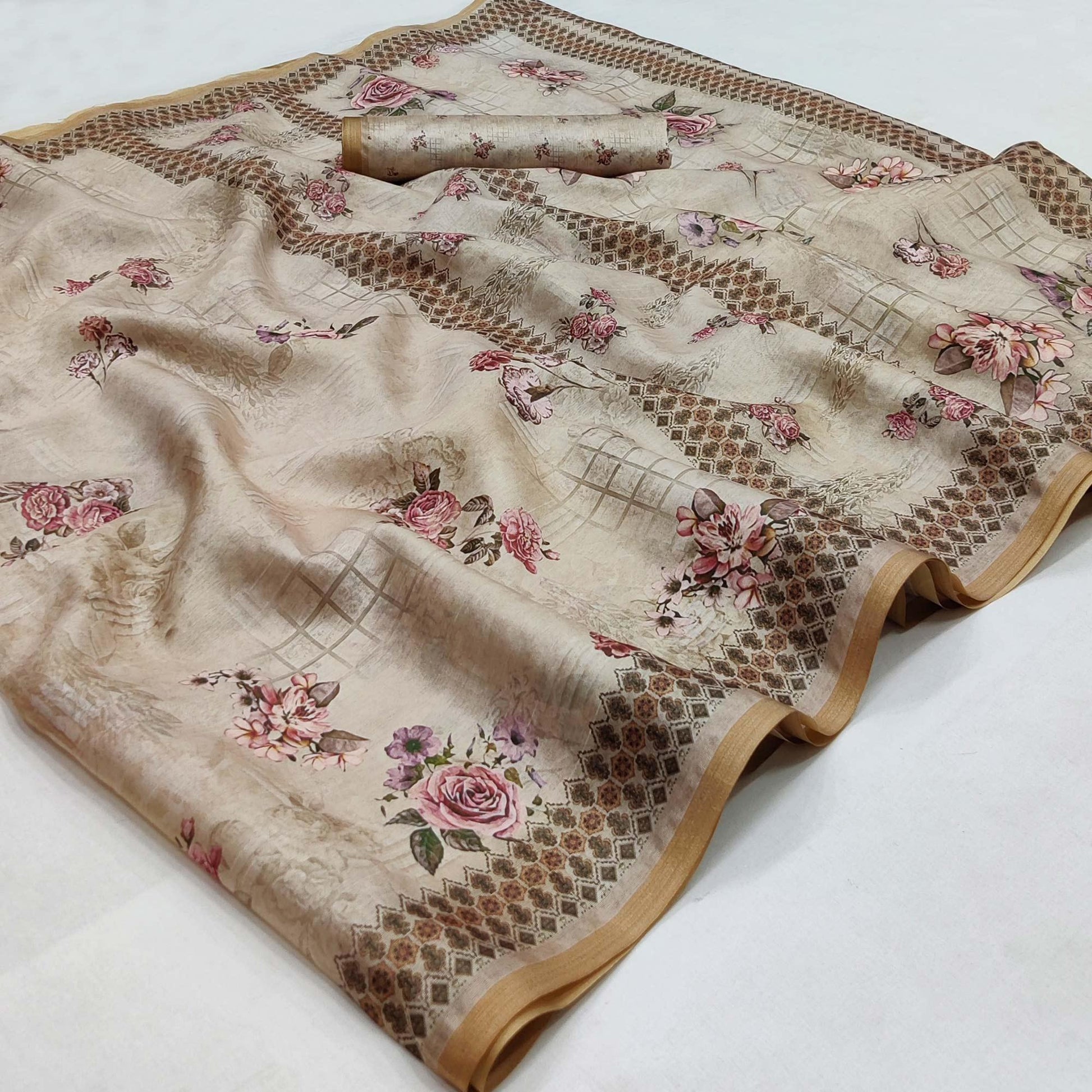 Chikoo Floral Printed Pure Cotton Saree