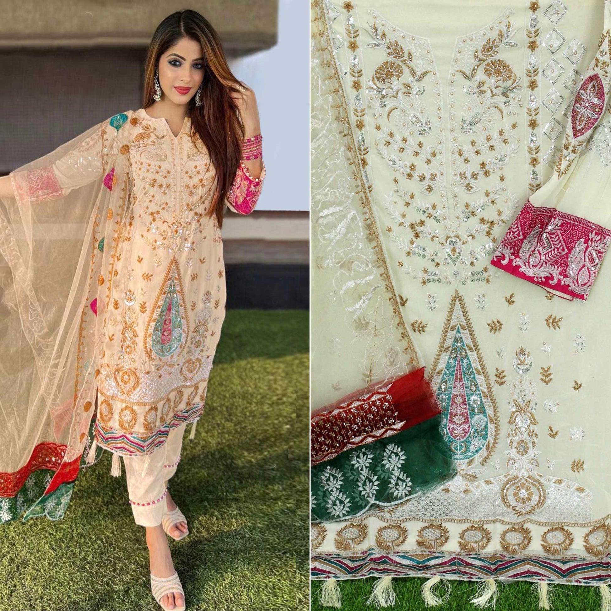 Chikoo Floral Sequins Embroidered Georgette Pakistani Suit