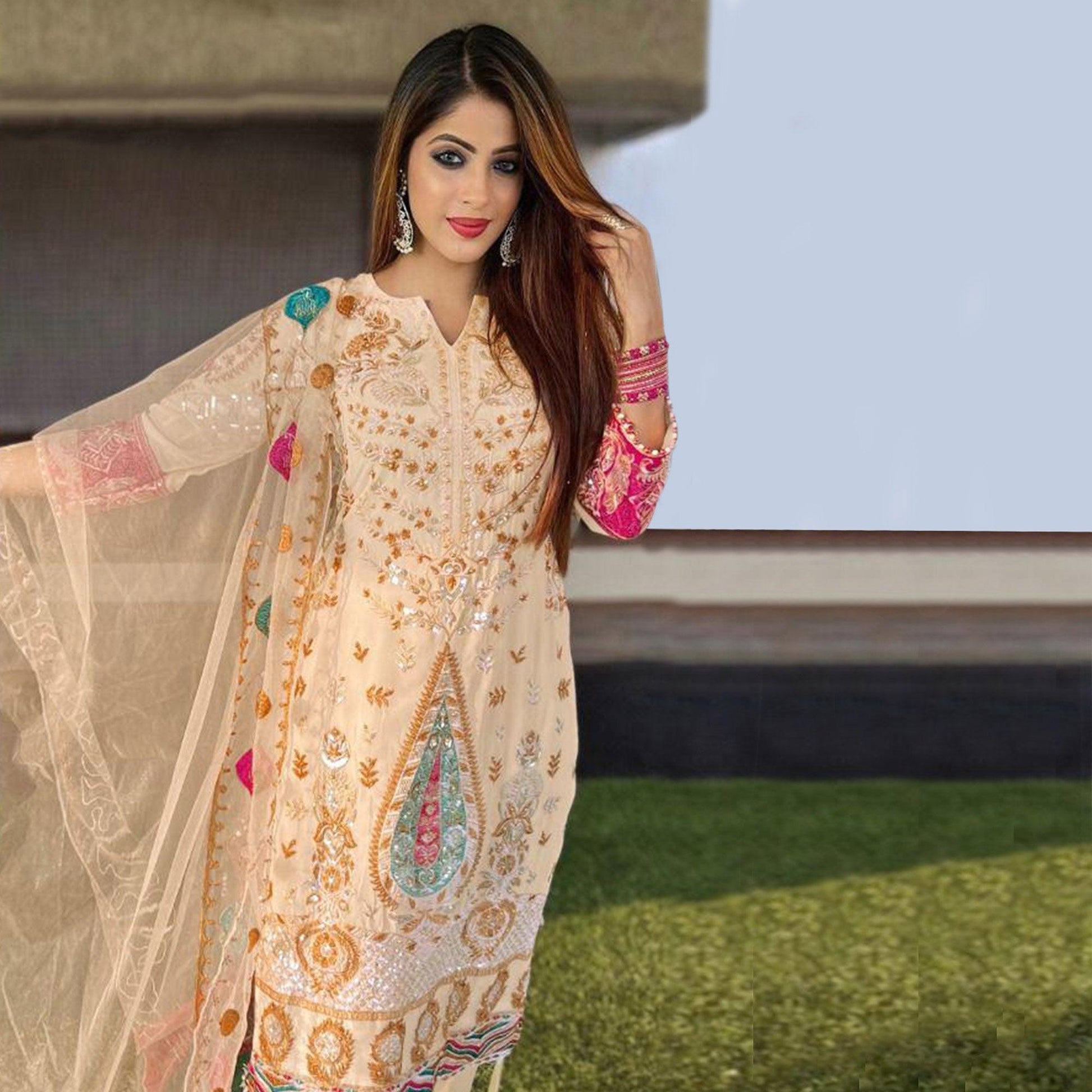 Chikoo Floral Sequins Embroidered Georgette Pakistani Suit