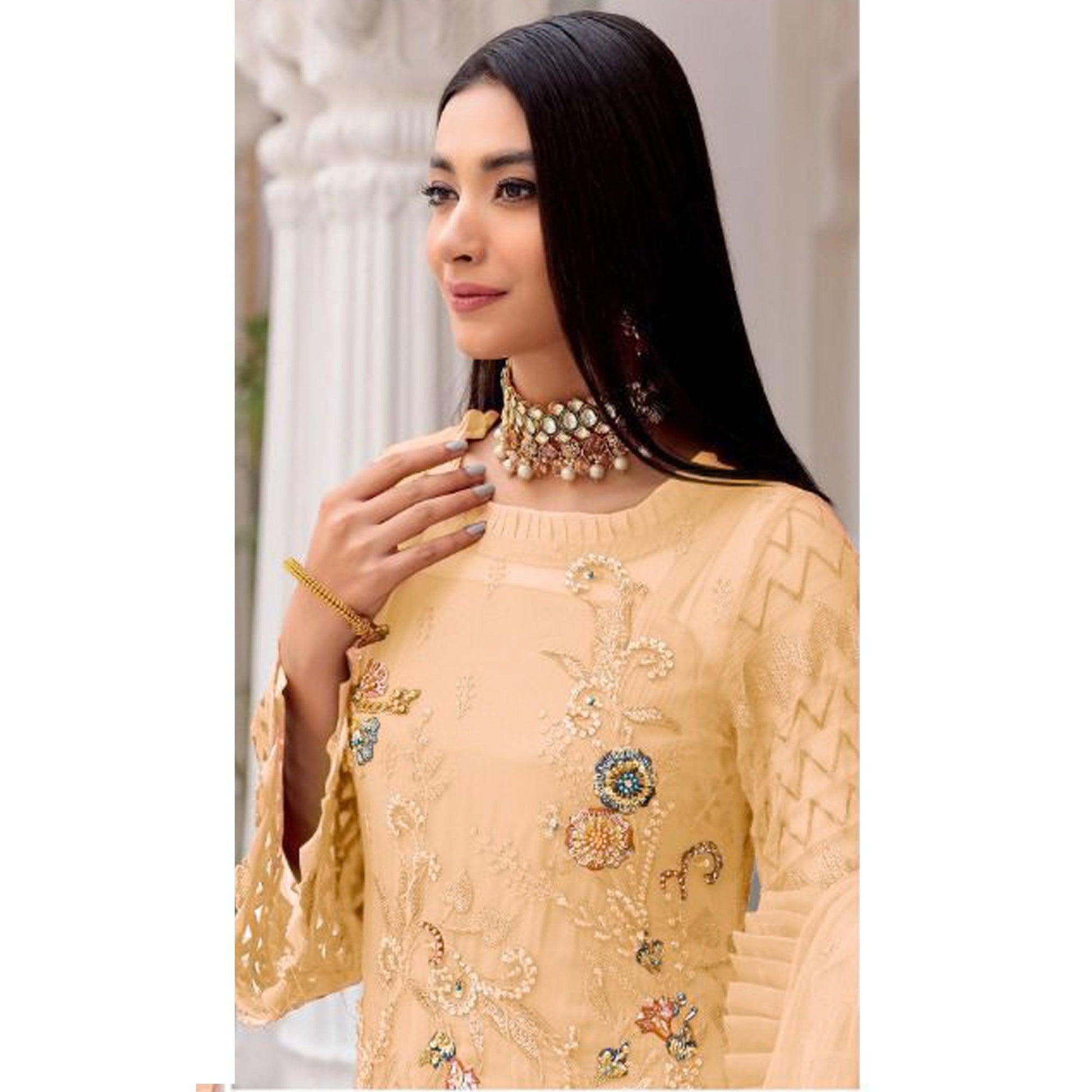 Chikoo Floral Sequins Embroidered Work Georgette Pakistani Suit