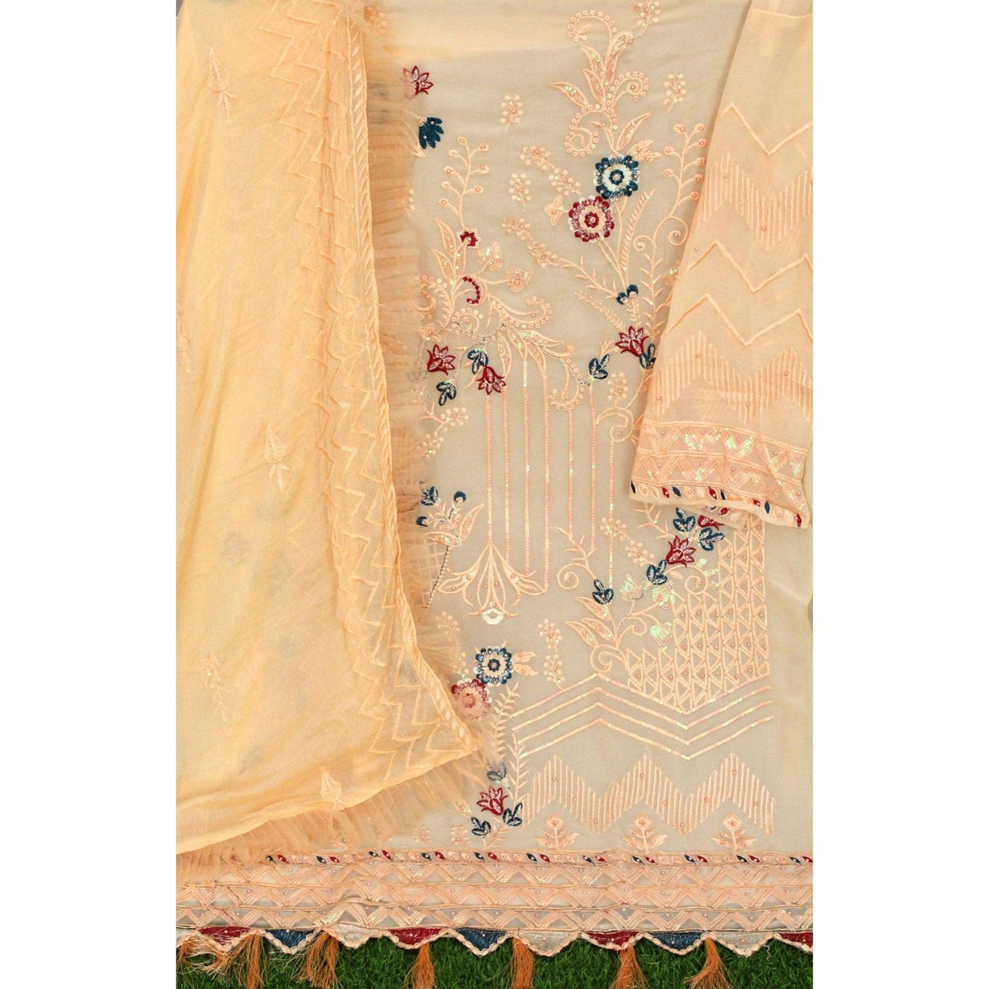 Chikoo Floral Sequins Embroidered Work Georgette Pakistani Suit